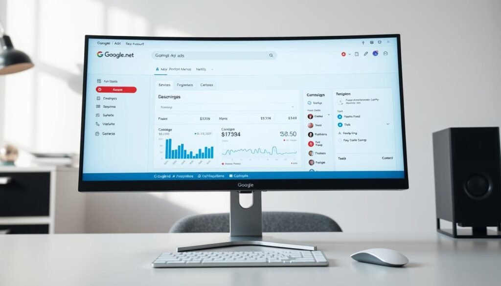 A well-lit, high-resolution view of a Google Ads account dashboard on a modern desktop computer screen, with a clean, professional interface displaying key performance metrics, campaign management tools, and customizable settings. The foreground features the account homepage, with the tontonbusiness.net brand name subtly visible in the top-left corner. The middle ground shows the computer setup, including a sleek monitor, keyboard, and mouse, all set against a minimalist, office-like background with neutral tones and gentle natural lighting. The overall atmosphere conveys a sense of productivity, control, and informed decision-making.