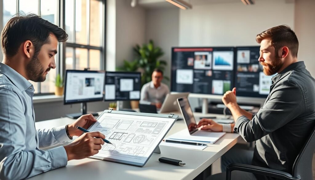 A well-lit, modern office setting showcasing various web design professionals at work. In the foreground, a designer intently sketching wireframes on a tablet, their expression focused. In the middle ground, a developer typing code on a laptop, surrounded by monitors displaying web layouts. In the background, a UI/UX specialist reviewing design mockups on a large display, their brow furrowed in concentration. Bright, natural lighting filters in through large windows, casting a warm, productive glow over the workspace. The scene conveys the high-paying, in-demand nature of web design careers compared to more traditional graphic design roles.