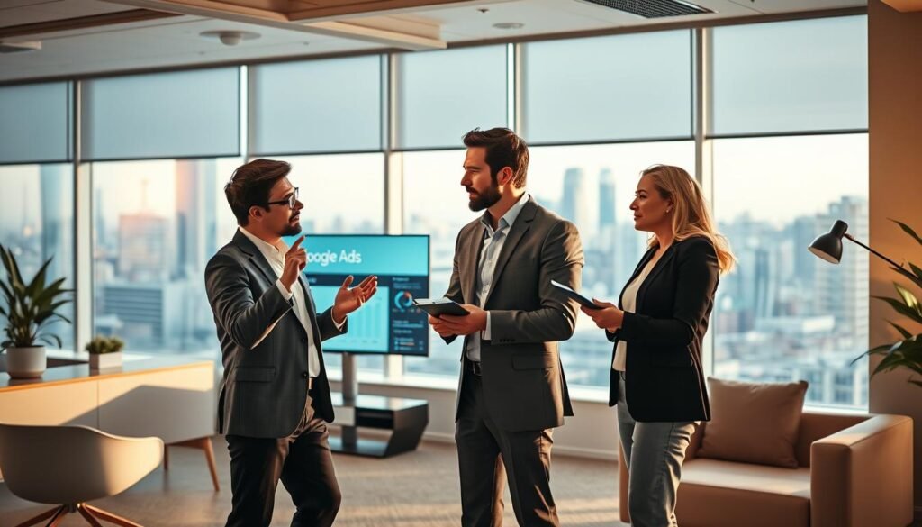 A well-lit, modern office setting with a strategic discussion between a business person and a Google Ads consultant. The foreground features the two individuals, one gesturing animatedly while the other takes notes, their expressions focused and engaged. The background showcases a clean, minimalist workspace with sleek furniture, a large monitor displaying Google Ads analytics, and a window overlooking a bustling city skyline. The lighting is warm and directional, casting subtle shadows and highlights that create depth and atmosphere. The overall mood is one of professional collaboration and strategic planning, reflecting the expertise and guidance a Google Ads strategist can provide.