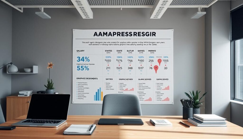 A well-lit, professional office interior with a modern, minimalist aesthetic. In the foreground, a neatly organized desk displays a laptop, notepad, and various design tools. On the wall behind, a large infographic showcases detailed salary data for graphic designers across different states, cities, and remote work arrangements in the United States. The information is presented in a clean, data-driven style using bold typography and subtle color accents. The overall scene conveys a sense of authority and expertise, suitable for an informative article on graphic designer salaries.