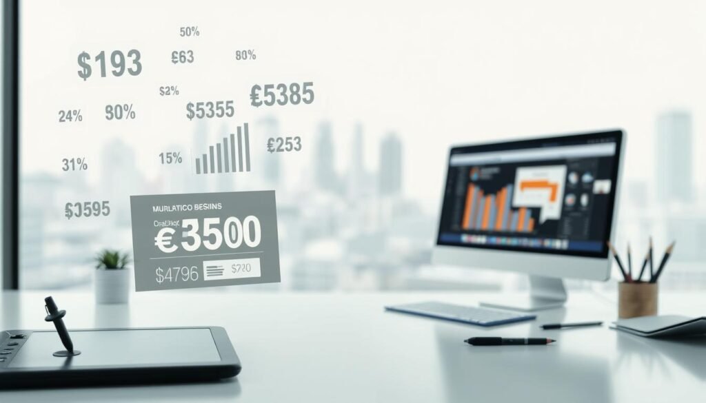 A well-lit, realistic scene depicting the current earnings landscape for graphic designers. In the foreground, a collage of salary figures, charts, and statistics floating against a clean, minimalist background. The middle ground showcases various graphic design tools and equipment, like a wacom tablet, stylus, and computer monitor displaying design software. The background features a blurred cityscape, suggesting the urban, professional environment in which graphic designers operate. The overall mood is informative and data-driven, conveying the tangible, quantifiable aspects of graphic design compensation in the present day.