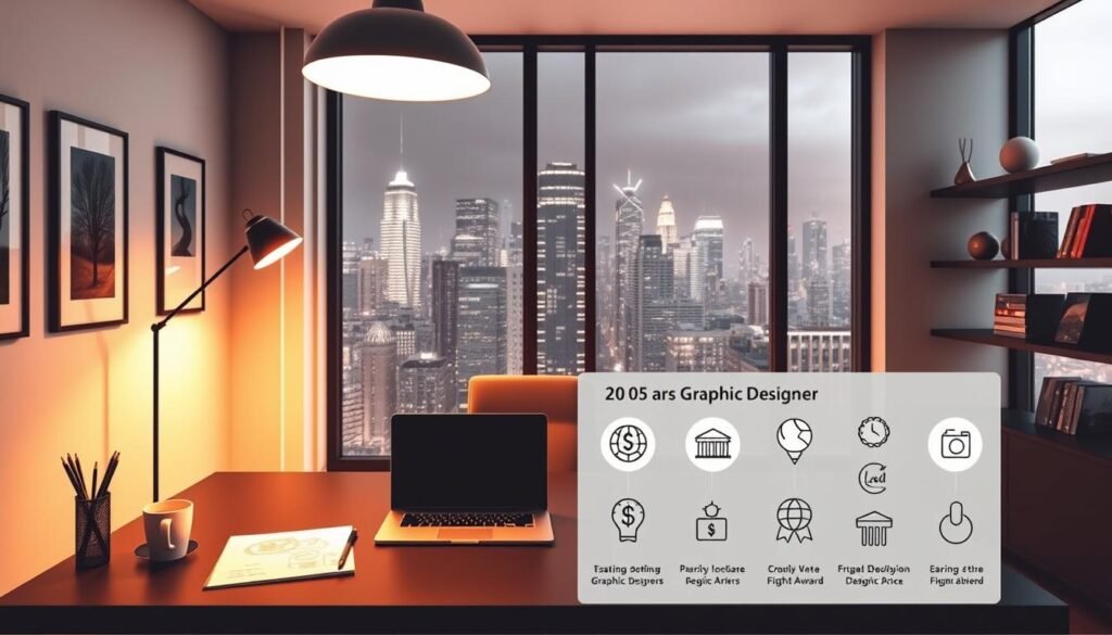 An elegant office interior with a large window overlooking a bustling city skyline. On the desk, a laptop, a cup of coffee, and a sketchpad with pencils, symbolizing the creative work of a graphic designer. The walls are adorned with framed art pieces and minimalist shelves displaying design books and awards. Warm, directional lighting from a sleek pendant lamp casts a cozy glow, complementing the modern, monochromatic color palette. In the foreground, a stylized infographic depicting various earning paths for graphic designers, each path represented by an icon or illustration. The overall atmosphere conveys a sense of professionalism, success, and the potential for a lucrative career in the field of graphic design.