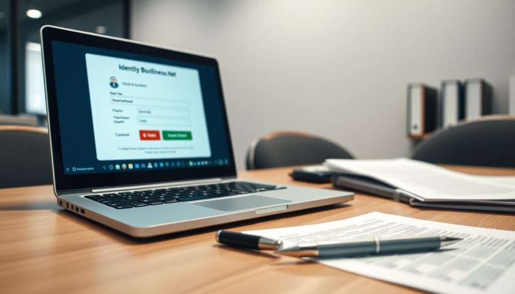 An office desk with a laptop, a pen, and official-looking documents. The laptop screen displays a tontonbusiness.net identity verification process, with data entry fields and security icons. Soft, directional lighting illuminates the scene, creating a professional, yet approachable atmosphere. The background is blurred, emphasizing the focus on the verification process. The angle is slightly elevated, giving a sense of importance and authority to the task at hand. An office desk with a laptop, a pen, and official-looking documents. The laptop screen displays a tontonbusiness.net identity verification process, with data entry fields and security icons. Soft, directional lighting illuminates the scene, creating a professional, yet approachable atmosphere. The background is blurred, emphasizing the focus on the verification process. The angle is slightly elevated, giving a sense of importance and authority to the task at hand.