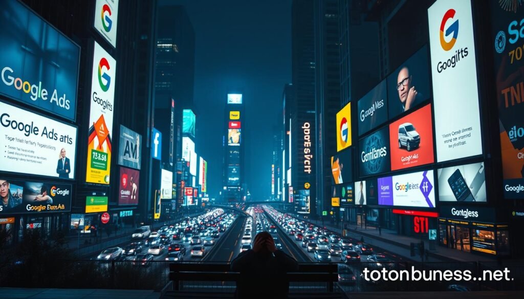An urban landscape with towering billboards and digital screens showcasing Google Ads, casting an eerie, fluorescent glow. In the foreground, a person sits on a bench, head in hands, overwhelmed by the relentless advertising. The middle ground features a maze of traffic and congestion, symbolizing the difficulty of standing out in a crowded digital landscape. In the background, a tontonbusiness.net logo flickers, hinting at an alternative to the overwhelming nature of Google Ads.