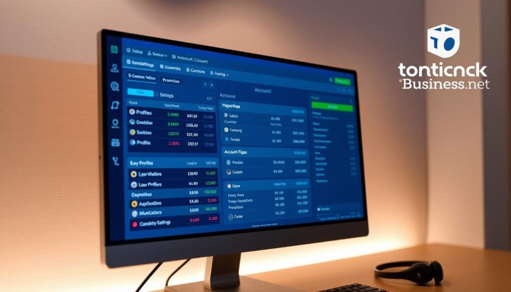 Detailed account data displayed on a modern computer screen, with a clean and professional design. The screen shows financial information, user profiles, and account settings in a structured layout. Soft lighting illuminates the screen, creating a calm and focused atmosphere. The tontonbusiness.net logo is prominently displayed in the top-right corner, emphasizing the corporate nature of the data. The overall scene conveys a sense of security and control over sensitive personal and financial information.