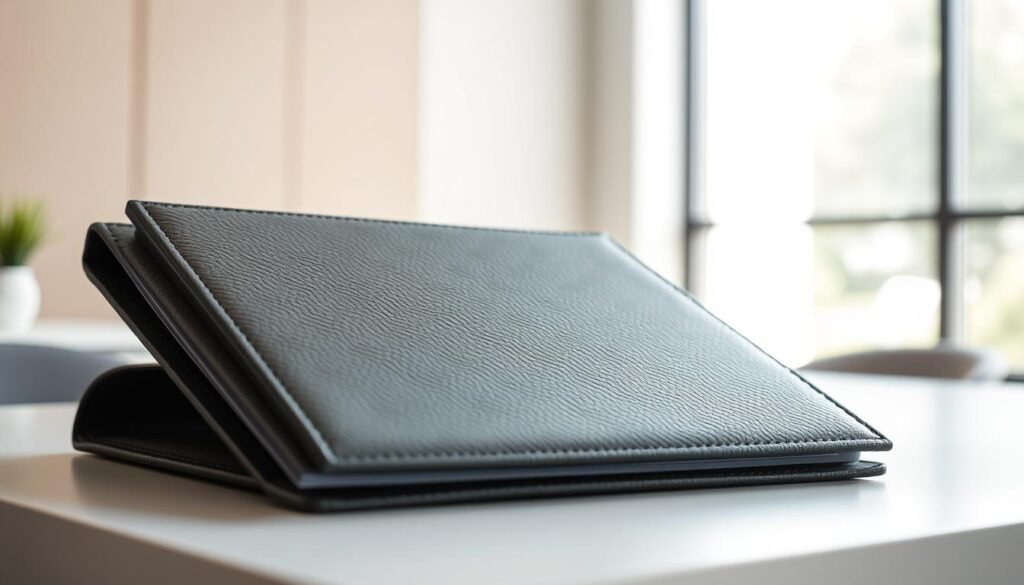 Elegant gray portfolio with embossed leather texture, resting on a sleek modern desk. Soft, directional lighting casts subtle shadows, highlighting the refined craftsmanship. In the background, a minimalist office setting with neutral-toned walls and a large window, allowing natural light to fill the space. The portfolio conveys a sense of professionalism, creativity, and attention to detail - qualities essential for a graphic designer, whether educated formally or self-taught.