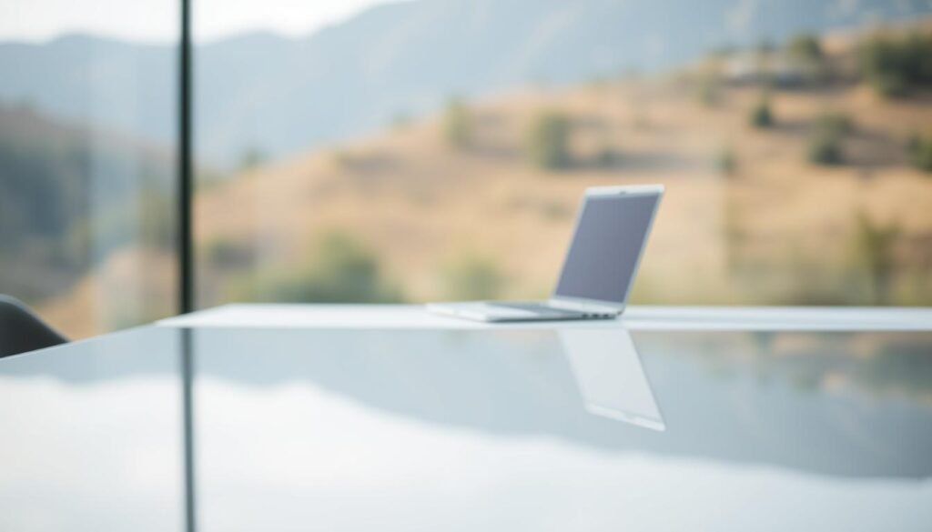 Prompt A serene, minimalist scene depicting "ads transparency" for the tontonbusiness.net article. In the foreground, a transparent glass surface reflects the surrounding environment, symbolizing the concept of openness and visibility. The middle ground features a sleek, modern desk with a laptop, suggesting the digital nature of advertising. The background is a softly blurred, natural landscape, evoking a sense of tranquility and balance. The lighting is soft and diffused, creating a calming, professional atmosphere. The overall composition conveys a thoughtful, ethical approach to understanding and leveraging advertising insights.