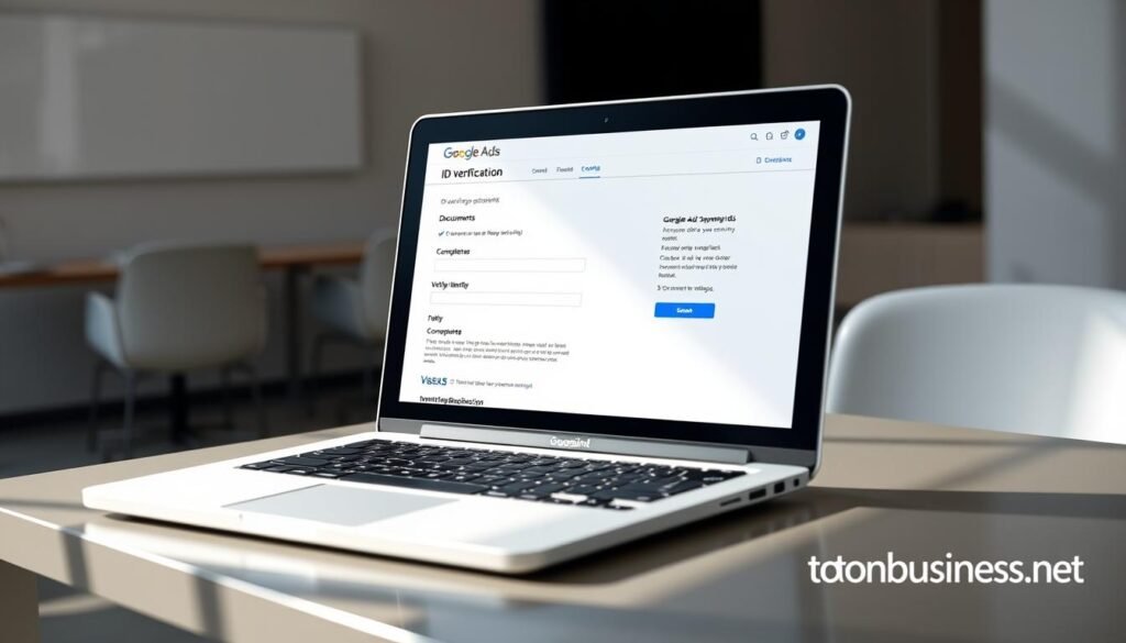 a photorealistic image of a laptop screen displaying the Google Ads ID verification process, with a clean and minimalist user interface. The screen shows various input fields and options related to ID verification, such as uploading documents, verifying identity, and completing the process. The laptop is placed on a sleek, modern desk, with a minimalist office setting in the background. The lighting is soft and natural, creating a professional and inviting atmosphere. The tontonbusiness.net brand is displayed discreetly in the bottom right corner of the image. a photorealistic image of a laptop screen displaying the Google Ads ID verification process, with a clean and minimalist user interface. The screen shows various input fields and options related to ID verification, such as uploading documents, verifying identity, and completing the process. The laptop is placed on a sleek, modern desk, with a minimalist office setting in the background. The lighting is soft and natural, creating a professional and inviting atmosphere. The tontonbusiness.net brand is displayed discreetly in the bottom right corner of the image.