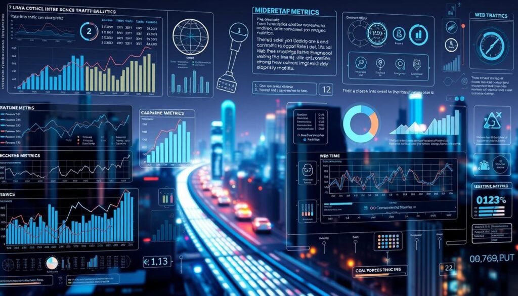 A complex visualization of modern traffic metrics, rendered in a sleek, data-driven style. In the foreground, a dynamic array of graphs, charts, and interactive dashboards, conveying real-time insights into web traffic, user engagement, and conversion rates. The middle ground features stylized icons and infographic elements, highlighting the limitations of traditional metrics like page views and bounce rates. In the background, a hazy, futuristic cityscape, symbolizing the evolving landscape of digital analytics and the need for more sophisticated, holistic approaches to measuring online success. Illuminated by cool, neon-tinged lighting, the scene evokes a sense of technological sophistication and the importance of adapting to the changing demands of the modern digital landscape. A complex visualization of modern traffic metrics, rendered in a sleek, data-driven style. In the foreground, a dynamic array of graphs, charts, and interactive dashboards, conveying real-time insights into web traffic, user engagement, and conversion rates. The middle ground features stylized icons and infographic elements, highlighting the limitations of traditional metrics like page views and bounce rates. In the background, a hazy, futuristic cityscape, symbolizing the evolving landscape of digital analytics and the need for more sophisticated, holistic approaches to measuring online success. Illuminated by cool, neon-tinged lighting, the scene evokes a sense of technological sophistication and the importance of adapting to the changing demands of the modern digital landscape.