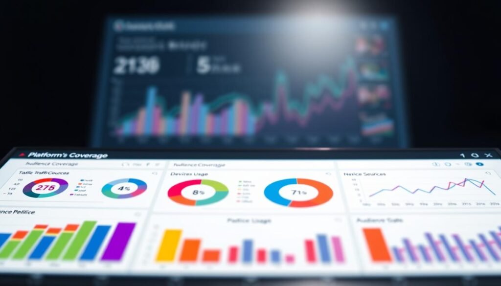 A detailed data visualization dashboard displays platform coverage metrics. In the foreground, colorful graphs and charts showcase website traffic sources, device usage, and audience segmentation. The middle ground features a clean, minimalist user interface with interactive controls. In the background, a soft, muted color palette sets a professional, analytical tone. Subtle depth-of-field blur draws the eye to the central data visualizations. Balanced lighting from multiple angles highlights the crisp, modern aesthetic. The overall composition conveys a sense of analytical insight and data-driven decision making. A detailed data visualization dashboard displays platform coverage metrics. In the foreground, colorful graphs and charts showcase website traffic sources, device usage, and audience segmentation. The middle ground features a clean, minimalist user interface with interactive controls. In the background, a soft, muted color palette sets a professional, analytical tone. Subtle depth-of-field blur draws the eye to the central data visualizations. Balanced lighting from multiple angles highlights the crisp, modern aesthetic. The overall composition conveys a sense of analytical insight and data-driven decision making.