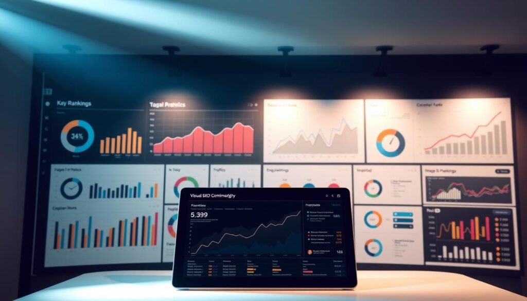A detailed data visualization dashboard showcasing various metrics and analytics for measuring visual SEO performance. In the foreground, a sleek and modern interface displays key performance indicators such as image rankings, traffic, and engagement. The middle ground features intuitive graphs, charts, and infographics providing deep insights into image optimization strategies and their impact. The background sets a minimalist and elegant tone with muted tones and subtle gradients, emphasizing the data-driven focus. Soft, diffused lighting from multiple angles casts an analytical glow over the scene, creating a sense of professionalism and authority. The overall composition strikes a balance between form and function, reflecting the importance of data-driven decision making in effective visual SEO. A detailed data visualization dashboard showcasing various metrics and analytics for measuring visual SEO performance. In the foreground, a sleek and modern interface displays key performance indicators such as image rankings, traffic, and engagement. The middle ground features intuitive graphs, charts, and infographics providing deep insights into image optimization strategies and their impact. The background sets a minimalist and elegant tone with muted tones and subtle gradients, emphasizing the data-driven focus. Soft, diffused lighting from multiple angles casts an analytical glow over the scene, creating a sense of professionalism and authority. The overall composition strikes a balance between form and function, reflecting the importance of data-driven decision making in effective visual SEO.