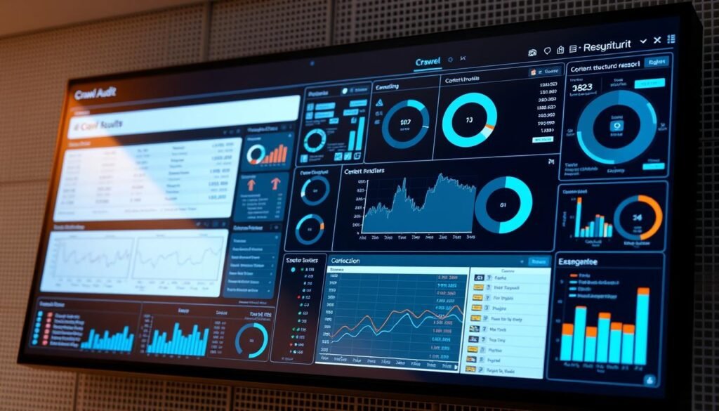 A digital control panel displaying intricate data visualizations of website crawl results, showcasing a technical SEO audit. The foreground features various charts, graphs, and metrics related to website indexing, content structure, and technical performance. The middle ground depicts a sleek, minimalist user interface with interactive data exploration tools. The background has a subtle grid-like pattern, evoking a sense of technological precision and analytical rigor. Soft, warm lighting illuminates the scene, creating a professional and informative atmosphere. The entire composition conveys the comprehensive nature of a thorough technical SEO audit, providing deep insights into a website's technical health and optimization opportunities. A digital control panel displaying intricate data visualizations of website crawl results, showcasing a technical SEO audit. The foreground features various charts, graphs, and metrics related to website indexing, content structure, and technical performance. The middle ground depicts a sleek, minimalist user interface with interactive data exploration tools. The background has a subtle grid-like pattern, evoking a sense of technological precision and analytical rigor. Soft, warm lighting illuminates the scene, creating a professional and informative atmosphere. The entire composition conveys the comprehensive nature of a thorough technical SEO audit, providing deep insights into a website's technical health and optimization opportunities.