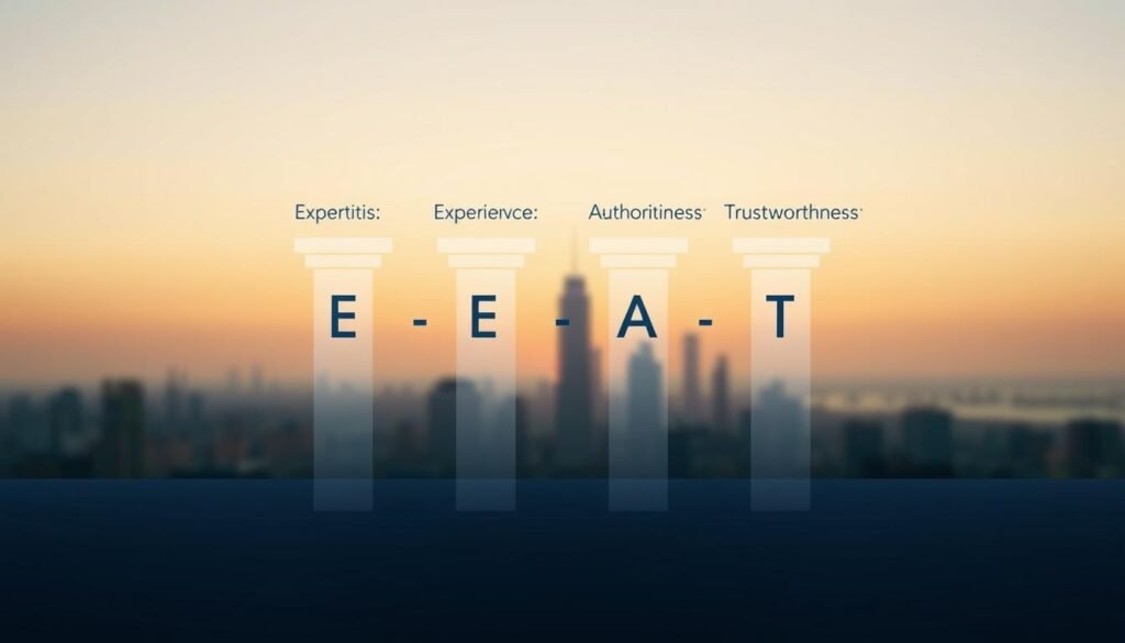 A digital landscape depicting the E-E-A-T framework, with a clean, modern aesthetic. In the foreground, four interconnected pillars representing Expertise, Experience, Authoritativeness, and Trustworthiness, rendered in a minimalist, geometric style with subtle gradients. The middle ground features a subdued, blurred cityscape, symbolizing the digital environment. The background showcases a soft, gradient-based sky with a warm, golden-hour lighting effect, creating a sense of depth and atmosphere. The overall composition conveys the importance and relevance of the E-E-A-T framework in the evolving digital landscape. A digital landscape depicting the E-E-A-T framework, with a clean, modern aesthetic. In the foreground, four interconnected pillars representing Expertise, Experience, Authoritativeness, and Trustworthiness, rendered in a minimalist, geometric style with subtle gradients. The middle ground features a subdued, blurred cityscape, symbolizing the digital environment. The background showcases a soft, gradient-based sky with a warm, golden-hour lighting effect, creating a sense of depth and atmosphere. The overall composition conveys the importance and relevance of the E-E-A-T framework in the evolving digital landscape.
