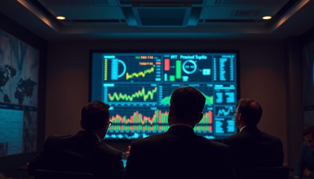 A dimly lit conference room, the walls adorned with charts and graphs depicting market data insights. A large display screen dominates the center, showcasing complex financial visualizations in vibrant colors. Analysts in formal attire study the data intently, their faces illuminated by the soft glow of the screen. The atmosphere is one of concentration and strategic thinking, as they delve into the insights that could shape the future of their business. The scene is captured with a cinematic lens, emphasizing the weight and importance of the data analysis at hand. A dimly lit conference room, the walls adorned with charts and graphs depicting market data insights. A large display screen dominates the center, showcasing complex financial visualizations in vibrant colors. Analysts in formal attire study the data intently, their faces illuminated by the soft glow of the screen. The atmosphere is one of concentration and strategic thinking, as they delve into the insights that could shape the future of their business. The scene is captured with a cinematic lens, emphasizing the weight and importance of the data analysis at hand.