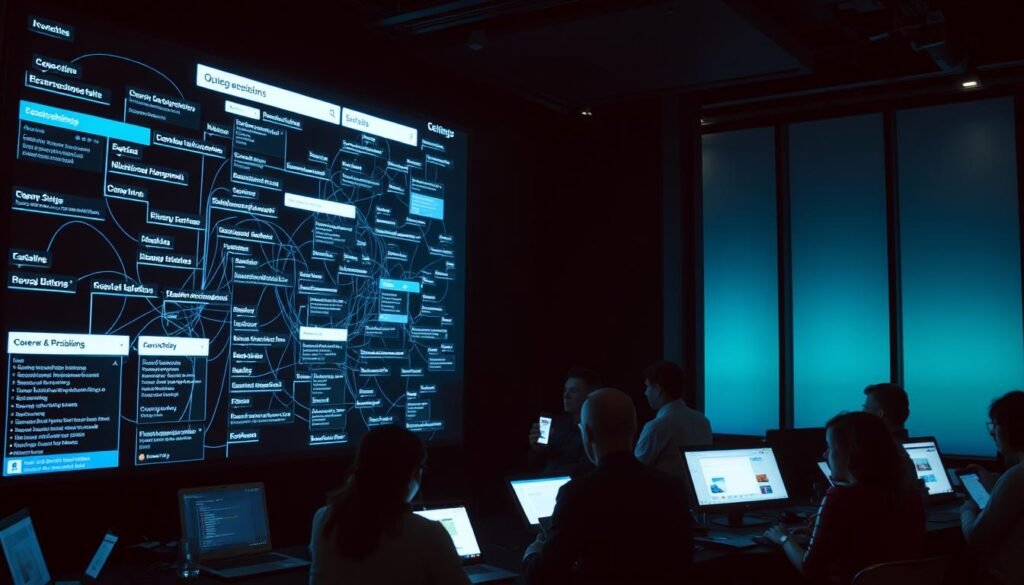 A dimly lit interior space, with a large display screen in the foreground showcasing a complex web of interconnected search queries, suggestions, and conversation threads. The screen is surrounded by an assortment of digital devices, including laptops, tablets, and smartphones, all emitting a soft, ambient glow. In the middle ground, a group of people are engaged in a lively discussion, their faces illuminated by the screens, creating a sense of focused attention and collaboration. In the background, a subtle gradient of blues and greens suggests a sense of depth and technological sophistication. The overall atmosphere is one of exploration, problem-solving, and the seamless integration of technology into the human experience. A dimly lit interior space, with a large display screen in the foreground showcasing a complex web of interconnected search queries, suggestions, and conversation threads. The screen is surrounded by an assortment of digital devices, including laptops, tablets, and smartphones, all emitting a soft, ambient glow. In the middle ground, a group of people are engaged in a lively discussion, their faces illuminated by the screens, creating a sense of focused attention and collaboration. In the background, a subtle gradient of blues and greens suggests a sense of depth and technological sophistication. The overall atmosphere is one of exploration, problem-solving, and the seamless integration of technology into the human experience.