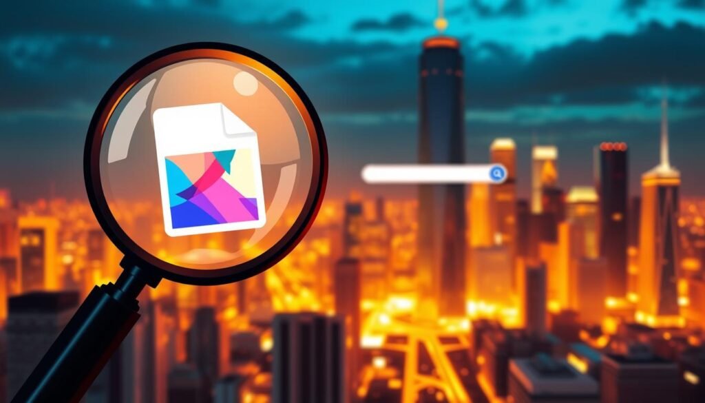 A dynamic, high-resolution digital illustration showcasing the importance of image SEO. In the foreground, a magnifying glass highlights a vibrant, eye-catching image file, symbolizing the visibility and searchability of visuals. The middle ground features a sleek, modern web interface with a search bar, reflecting the crucial role of optimized images in driving web traffic and engagement. In the background, a cityscape of skyscrapers and towers represents the vast, competitive digital landscape, emphasizing the need for strategic image optimization to stand out. Warm, directional lighting casts shadows and highlights, creating depth and a sense of importance. The overall composition conveys the growing significance of image SEO in the evolving digital ecosystem. A dynamic, high-resolution digital illustration showcasing the importance of image SEO. In the foreground, a magnifying glass highlights a vibrant, eye-catching image file, symbolizing the visibility and searchability of visuals. The middle ground features a sleek, modern web interface with a search bar, reflecting the crucial role of optimized images in driving web traffic and engagement. In the background, a cityscape of skyscrapers and towers represents the vast, competitive digital landscape, emphasizing the need for strategic image optimization to stand out. Warm, directional lighting casts shadows and highlights, creating depth and a sense of importance. The overall composition conveys the growing significance of image SEO in the evolving digital ecosystem.