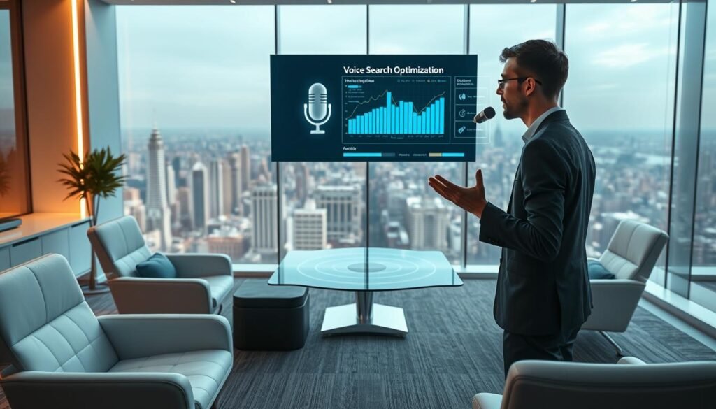 A futuristic business office with sleek, minimalist furniture and intelligent voice-controlled devices. In the foreground, a person gestures while speaking into a floating microphone, the screen behind them displaying a visual representation of voice search optimization. The middle ground features a holographic display showing data and analytics related to voice search trends. The background is a panoramic view of a bustling city skyline, hinting at the global scale and importance of voice search in the year 2026. A futuristic business office with sleek, minimalist furniture and intelligent voice-controlled devices. In the foreground, a person gestures while speaking into a floating microphone, the screen behind them displaying a visual representation of voice search optimization. The middle ground features a holographic display showing data and analytics related to voice search trends. The background is a panoramic view of a bustling city skyline, hinting at the global scale and importance of voice search in the year 2026.