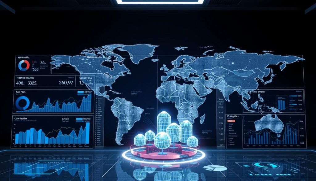 A futuristic data visualization dashboard depicting key GEO metrics and KPIs. The foreground features a sleek, minimalist interface with interactive graphs, charts, and infographics displaying critical performance indicators such as web traffic, user engagement, conversion rates, and revenue trends. The middle ground showcases holographic 3D models of global data clusters, pulsing with real-time information. In the background, a vast, seamless projection of a digitized world map provides context, its continents and borders illuminated by a subtle, cool-toned lighting scheme. The overall mood is one of advanced, cutting-edge analytics, offering deep insights into the success of the GEO strategy. A futuristic data visualization dashboard depicting key GEO metrics and KPIs. The foreground features a sleek, minimalist interface with interactive graphs, charts, and infographics displaying critical performance indicators such as web traffic, user engagement, conversion rates, and revenue trends. The middle ground showcases holographic 3D models of global data clusters, pulsing with real-time information. In the background, a vast, seamless projection of a digitized world map provides context, its continents and borders illuminated by a subtle, cool-toned lighting scheme. The overall mood is one of advanced, cutting-edge analytics, offering deep insights into the success of the GEO strategy.