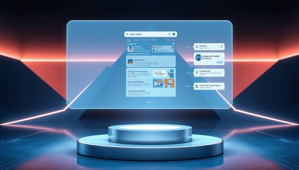 A futuristic, holographic display showcasing an array of zero-click SERP features. In the foreground, a transparent, floating panel displays a search engine results page with various interactive elements - a voice search interface, a visual carousel, an augmented reality product preview, and a conversational chatbot. In the middle ground, a sleek, metallic podium supports the holographic display, backlit by a soft, ambient glow. The background is a minimalist, high-tech landscape with angular, geometric shapes and a subtle, color-shifting light pattern, evoking a sense of technological sophistication and innovation. A futuristic, holographic display showcasing an array of zero-click SERP features. In the foreground, a transparent, floating panel displays a search engine results page with various interactive elements - a voice search interface, a visual carousel, an augmented reality product preview, and a conversational chatbot. In the middle ground, a sleek, metallic podium supports the holographic display, backlit by a soft, ambient glow. The background is a minimalist, high-tech landscape with angular, geometric shapes and a subtle, color-shifting light pattern, evoking a sense of technological sophistication and innovation.