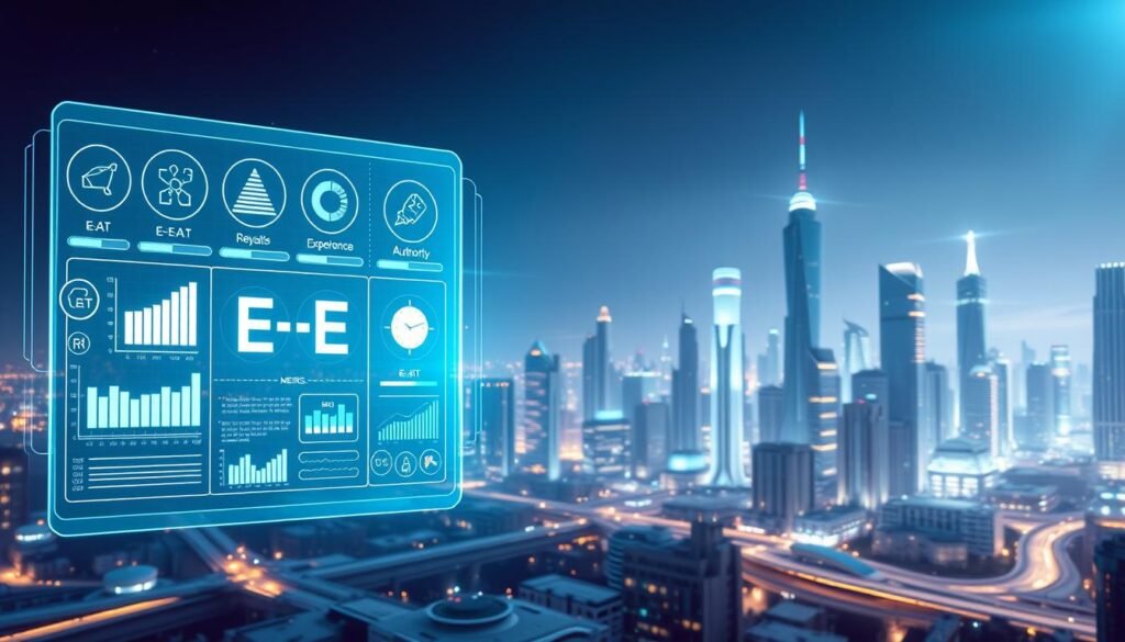 A futuristic scene depicting "E-E-A-T Authoritativeness Signals" in the age of AI-powered search. In the foreground, a holographic display showcases various metrics and badges representing expertise, experience, authority, and trustworthiness. The middle ground features sleek, minimalist interfaces with glowing indicators and visualization tools. In the background, a cityscape of towering skyscrapers and advanced infrastructure symbolizes the integration of these signals into the fabric of the digital landscape. The lighting is a soft, cool-toned glow, creating an atmosphere of technological sophistication and credibility. The camera angle is slightly elevated, giving a broad, panoramic view to convey the scale and importance of these "E-E-A-T" signals in the future of search and content quality. A futuristic scene depicting "E-E-A-T Authoritativeness Signals" in the age of AI-powered search. In the foreground, a holographic display showcases various metrics and badges representing expertise, experience, authority, and trustworthiness. The middle ground features sleek, minimalist interfaces with glowing indicators and visualization tools. In the background, a cityscape of towering skyscrapers and advanced infrastructure symbolizes the integration of these signals into the fabric of the digital landscape. The lighting is a soft, cool-toned glow, creating an atmosphere of technological sophistication and credibility. The camera angle is slightly elevated, giving a broad, panoramic view to convey the scale and importance of these "E-E-A-T" signals in the future of search and content quality.