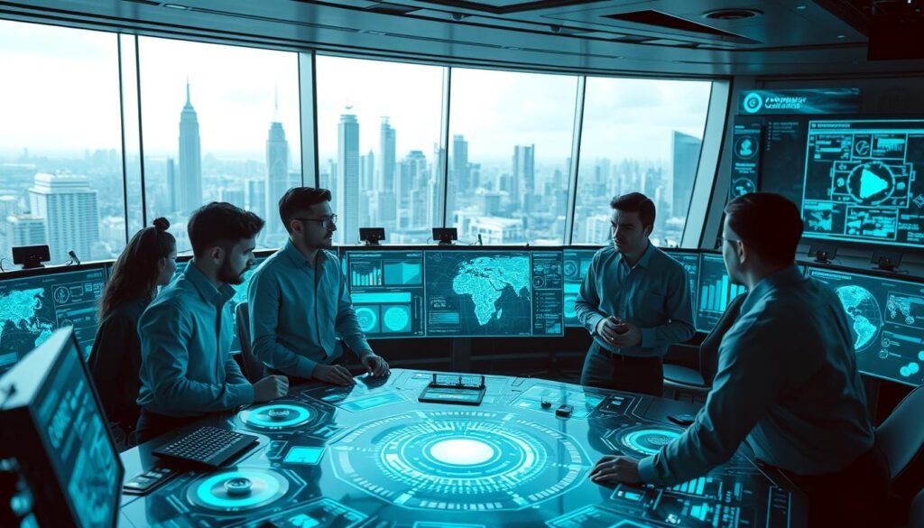 A high-tech control room with a team of AI researchers and data analysts intently focused on a series of holographic displays showcasing complex data visualizations. In the foreground, a central holographic interface with various command modules and control panels, bathed in a cool blue-green glow. Surrounding this, the middle ground features the researchers collaborating intensely, their faces illuminated by the display screens. In the background, a panoramic window reveals a futuristic cityscape of towering skyscrapers and advanced transportation systems. The overall atmosphere is one of intense focus, innovation, and the cutting edge of AI-powered content strategy. A high-tech control room with a team of AI researchers and data analysts intently focused on a series of holographic displays showcasing complex data visualizations. In the foreground, a central holographic interface with various command modules and control panels, bathed in a cool blue-green glow. Surrounding this, the middle ground features the researchers collaborating intensely, their faces illuminated by the display screens. In the background, a panoramic window reveals a futuristic cityscape of towering skyscrapers and advanced transportation systems. The overall atmosphere is one of intense focus, innovation, and the cutting edge of AI-powered content strategy.