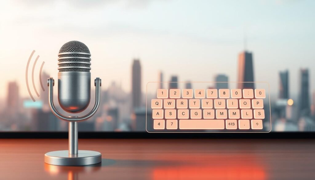 A highly detailed and realistic illustration depicting the contrast between voice search and text search queries. In the foreground, a large microphone icon representing a voice search, with sound waves emanating from it. In the middle ground, a keyboard icon symbolizing a text search query, with the keys in varying sizes to convey the variable length of typed input. The background features a soft, blurred cityscape, conveying a sense of technology, connectivity, and the modern digital landscape. The overall scene is lit by a warm, diffused lighting, creating a sleek and professional aesthetic. The composition and attention to detail should effectively capture the key differences between these two search modalities. A highly detailed and realistic illustration depicting the contrast between voice search and text search queries. In the foreground, a large microphone icon representing a voice search, with sound waves emanating from it. In the middle ground, a keyboard icon symbolizing a text search query, with the keys in varying sizes to convey the variable length of typed input. The background features a soft, blurred cityscape, conveying a sense of technology, connectivity, and the modern digital landscape. The overall scene is lit by a warm, diffused lighting, creating a sleek and professional aesthetic. The composition and attention to detail should effectively capture the key differences between these two search modalities.