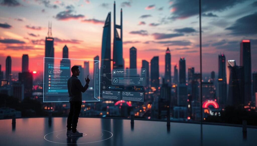 A highly futuristic and dynamic scene depicting the integration of AI in voice search technology. In the foreground, a human figure interacts with a sleek, minimalist virtual assistant interface, their voice commands triggering a holographic display of search results. The middle ground showcases an array of ambient sensors and microphones, creating an immersive, connected environment. In the background, a cityscape of towering, ultramodern skyscrapers is illuminated by a vibrant, neon-tinged sunset, hinting at the advanced, AI-powered infrastructure powering the voice search experience. Dramatic low-angle lighting casts dramatic shadows, and a shallow depth of field emphasizes the futuristic, high-tech atmosphere. The overall mood is one of seamless, intelligent integration of technology with human interaction. A highly futuristic and dynamic scene depicting the integration of AI in voice search technology. In the foreground, a human figure interacts with a sleek, minimalist virtual assistant interface, their voice commands triggering a holographic display of search results. The middle ground showcases an array of ambient sensors and microphones, creating an immersive, connected environment. In the background, a cityscape of towering, ultramodern skyscrapers is illuminated by a vibrant, neon-tinged sunset, hinting at the advanced, AI-powered infrastructure powering the voice search experience. Dramatic low-angle lighting casts dramatic shadows, and a shallow depth of field emphasizes the futuristic, high-tech atmosphere. The overall mood is one of seamless, intelligent integration of technology with human interaction.