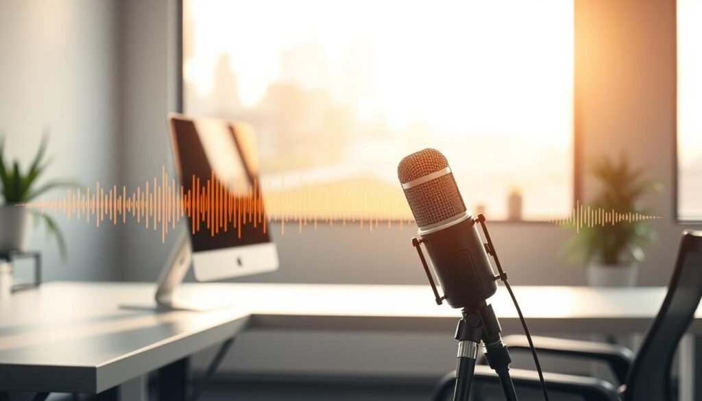 A minimalist office interior with a sleek desktop computer, a microphone, and audio waveform visualizations floating in the air. Warm, diffused lighting from a large window bathes the scene in a soft, inviting glow. The focus is on the microphone, highlighting the concept of "voice search optimization" through its prominent placement and the surrounding data visualizations. The overall mood is one of modern, streamlined productivity and technological innovation. A minimalist office interior with a sleek desktop computer, a microphone, and audio waveform visualizations floating in the air. Warm, diffused lighting from a large window bathes the scene in a soft, inviting glow. The focus is on the microphone, highlighting the concept of "voice search optimization" through its prominent placement and the surrounding data visualizations. The overall mood is one of modern, streamlined productivity and technological innovation.