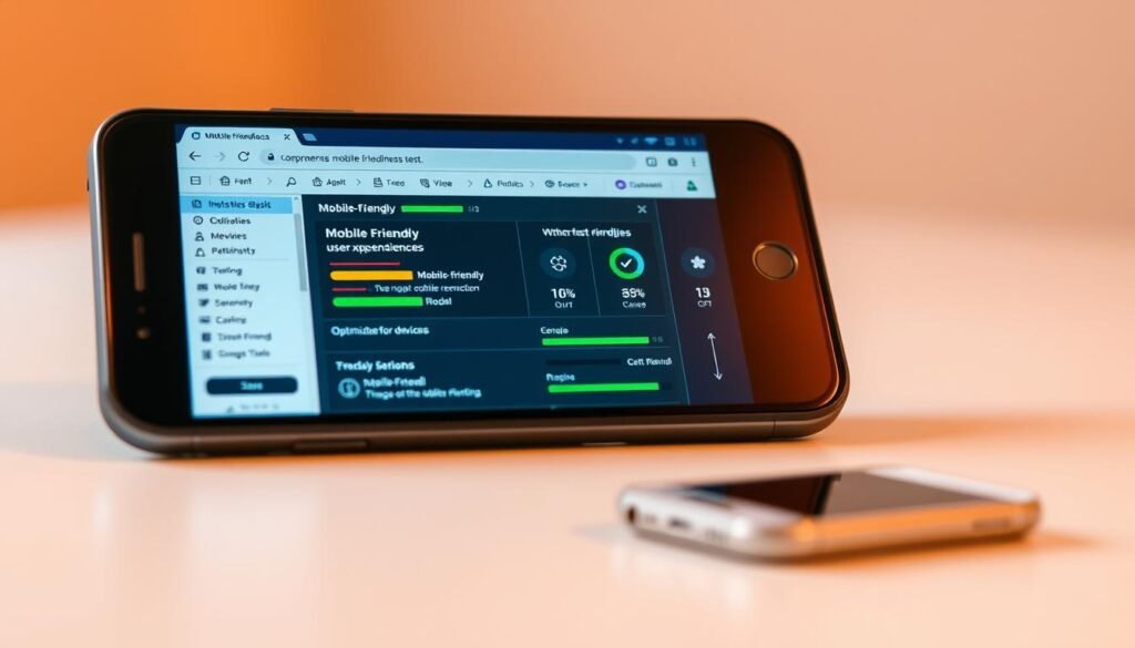 A mobile device prominently displayed, its screen showcasing a comprehensive mobile-friendliness test interface. The test results are presented in a visually striking manner, highlighting key metrics such as mobile-friendly user experience, responsiveness, and optimization for mobile devices. The overall scene is captured under warm, ambient lighting, emphasizing the importance of mobile-first design and optimization. The composition places the mobile device in the foreground, with a clean and minimalist background, allowing the test results to take center stage. The image conveys a sense of analytical precision and technological proficiency, perfectly suited for the "Step 6: Checking Mobile-Friendliness" section of the technical SEO audit article. A mobile device prominently displayed, its screen showcasing a comprehensive mobile-friendliness test interface. The test results are presented in a visually striking manner, highlighting key metrics such as mobile-friendly user experience, responsiveness, and optimization for mobile devices. The overall scene is captured under warm, ambient lighting, emphasizing the importance of mobile-first design and optimization. The composition places the mobile device in the foreground, with a clean and minimalist background, allowing the test results to take center stage. The image conveys a sense of analytical precision and technological proficiency, perfectly suited for the "Step 6: Checking Mobile-Friendliness" section of the technical SEO audit article.
