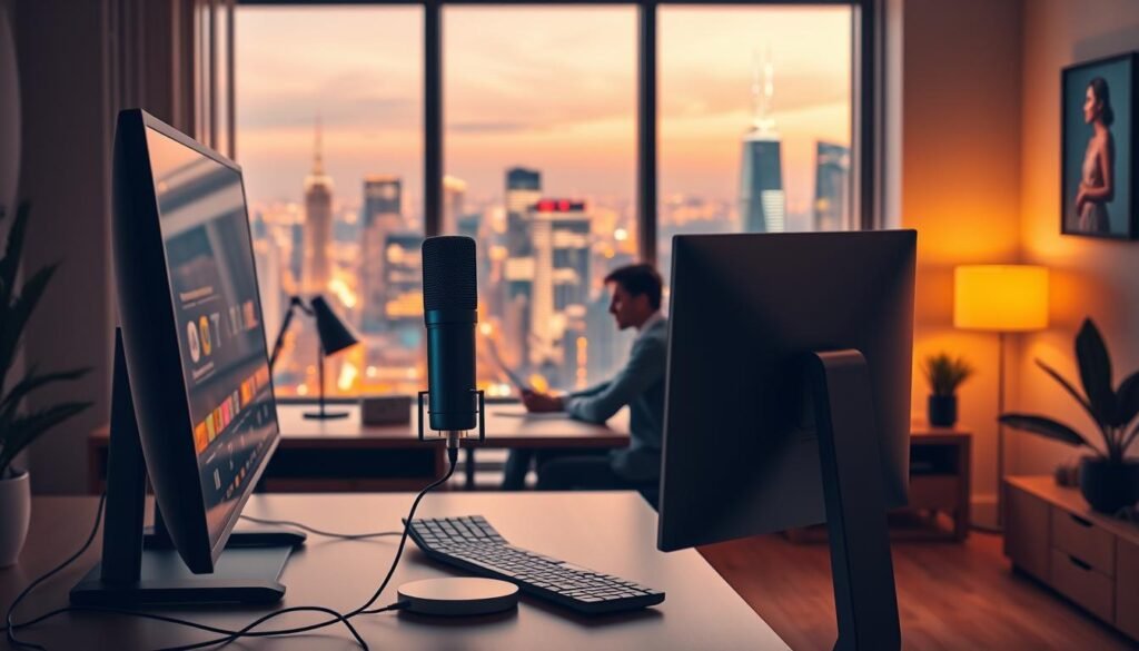 A modern home office with a sleek, minimalist design. In the foreground, a desktop computer with a high-quality microphone and a voice-activated virtual assistant, conveying the concept of voice search optimization. The middle ground features a person seated at the desk, engaged in conversation with the virtual assistant, their body language suggesting an intuitive and natural interaction. The background showcases a large window overlooking a vibrant city skyline, bathed in warm, natural lighting that creates a cozy and productive atmosphere. The overall scene conveys the seamless integration of voice-activated technology into everyday workflows, optimizing content for the era of conversational queries. A modern home office with a sleek, minimalist design. In the foreground, a desktop computer with a high-quality microphone and a voice-activated virtual assistant, conveying the concept of voice search optimization. The middle ground features a person seated at the desk, engaged in conversation with the virtual assistant, their body language suggesting an intuitive and natural interaction. The background showcases a large window overlooking a vibrant city skyline, bathed in warm, natural lighting that creates a cozy and productive atmosphere. The overall scene conveys the seamless integration of voice-activated technology into everyday workflows, optimizing content for the era of conversational queries.