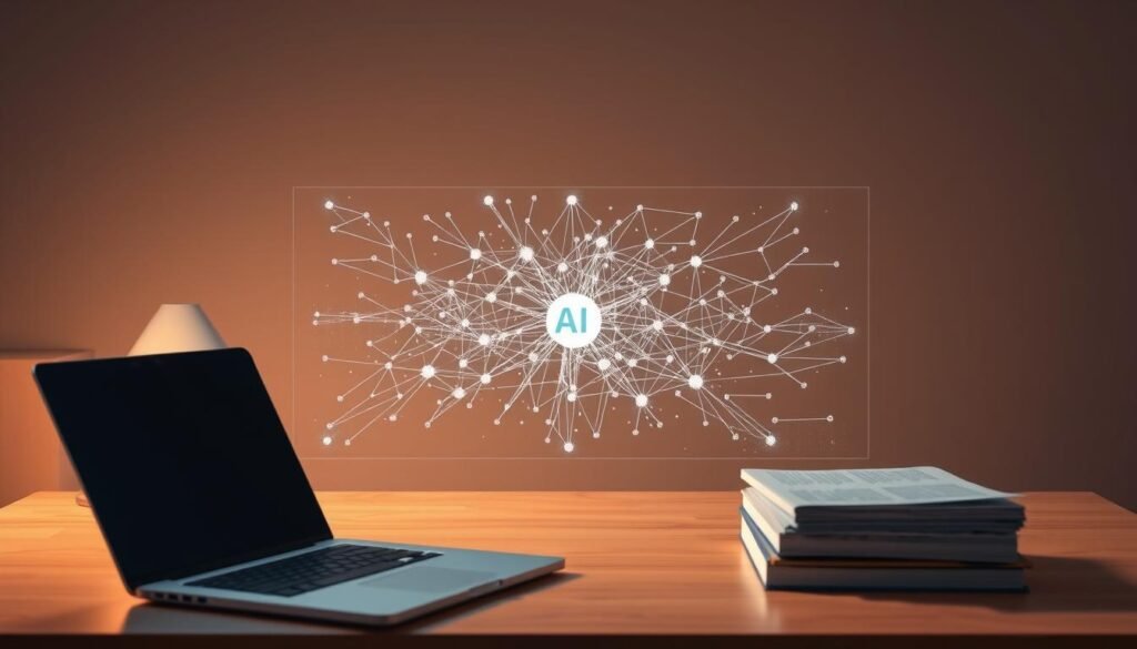 A serene, minimalist workspace illuminated by warm, directional lighting. In the foreground, a sleek laptop and a thoughtfully arranged stack of AI-related reference materials. In the middle ground, a holographic display projects a complex web of interconnected data points, representing the technical foundations of AI-ready content. The background features clean, geometric shapes in muted tones, creating a sense of depth and balance. The overall atmosphere conveys a thoughtful, deliberate approach to mastering the technical aspects of content optimization for AI-powered search. A serene, minimalist workspace illuminated by warm, directional lighting. In the foreground, a sleek laptop and a thoughtfully arranged stack of AI-related reference materials. In the middle ground, a holographic display projects a complex web of interconnected data points, representing the technical foundations of AI-ready content. The background features clean, geometric shapes in muted tones, creating a sense of depth and balance. The overall atmosphere conveys a thoughtful, deliberate approach to mastering the technical aspects of content optimization for AI-powered search.