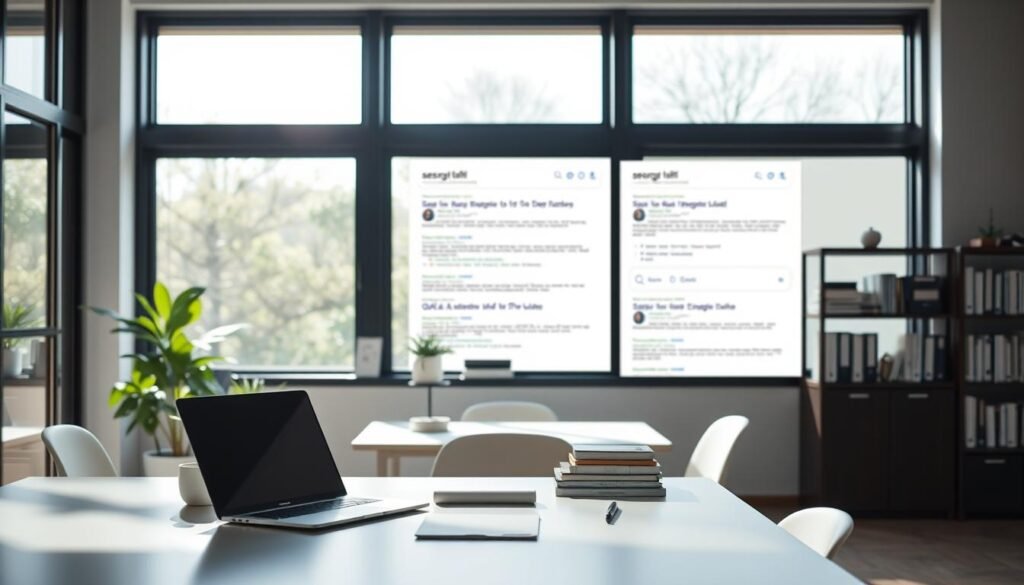 A serene office setting, flooded with natural light pouring through large windows. In the foreground, a modern, minimalist desk adorned with a sleek laptop and a few essential office supplies. The middle ground showcases a clean, organized workspace, with a potted plant and a neatly stacked pile of documents. In the background, a bookshelf filled with reference materials and a wall-mounted display showcasing various search engine results, all without any visible captions or text overlays. The overall atmosphere conveys a sense of efficiency, professionalism, and a focus on optimizing for zero-click search experiences. A serene office setting, flooded with natural light pouring through large windows. In the foreground, a modern, minimalist desk adorned with a sleek laptop and a few essential office supplies. The middle ground showcases a clean, organized workspace, with a potted plant and a neatly stacked pile of documents. In the background, a bookshelf filled with reference materials and a wall-mounted display showcasing various search engine results, all without any visible captions or text overlays. The overall atmosphere conveys a sense of efficiency, professionalism, and a focus on optimizing for zero-click search experiences.