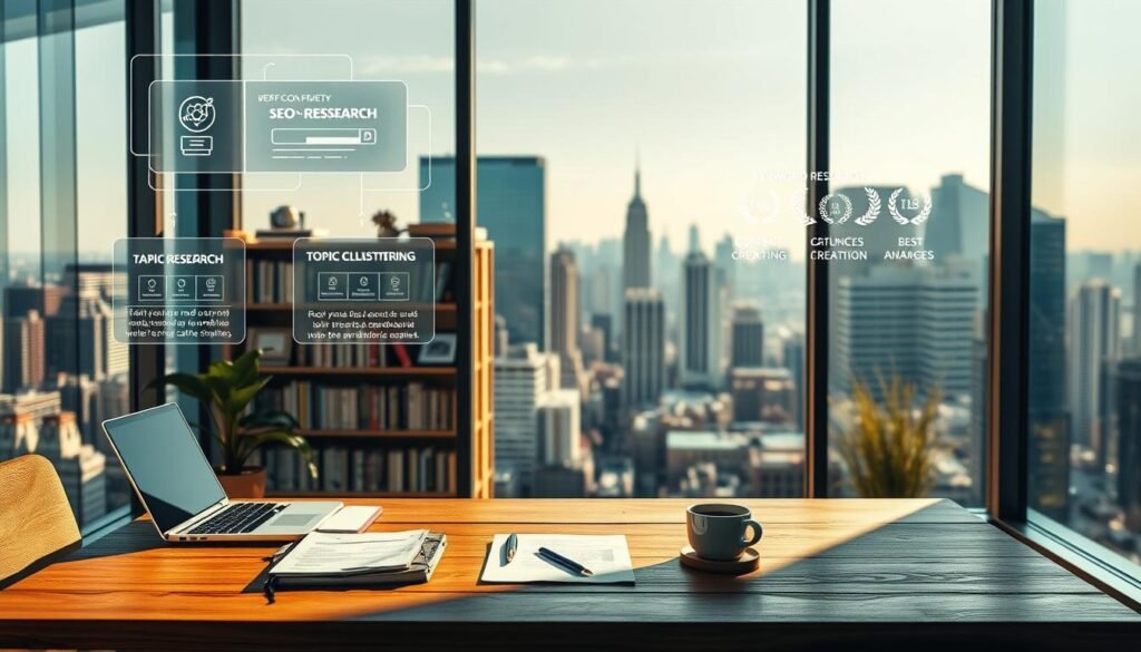 A serene office space with a large window overlooking a bustling city skyline. In the foreground, a wooden desk with a laptop, notes, and a cup of coffee. Floating above the desk, ethereal wireframe visualizations depict the interconnected components of an SEO content strategy - keyword research, topic clustering, content creation, and performance analysis. The middle ground features shelves lined with marketing books and awards, hinting at the expertise and authority within. The background is bathed in warm, natural lighting, creating a sense of focus and productivity. The overall mood is one of strategic contemplation, with the city's energy pulsing in the distance.