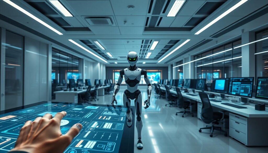 A sleek, modern office setting with a clean, minimalist aesthetic. In the foreground, an artist's hand intuitively manipulates digital design tools on a large, high-resolution touchscreen display. Holographic interfaces and glowing status indicators project an aura of cutting-edge technology. In the middle ground, an AI assistant, represented by a humanoid robot, collaborates with the artist, analyzing content and providing real-time feedback on search engine optimization, E-E-A-T compliance, and audience engagement. The background features rows of high-performance workstations, data visualization screens, and state-of-the-art content creation hardware, all bathed in a cool, indirect lighting that evokes a sense of focus and productivity. The overall scene conveys the seamless integration of human creativity and AI-powered content optimization. A sleek, modern office setting with a clean, minimalist aesthetic. In the foreground, an artist's hand intuitively manipulates digital design tools on a large, high-resolution touchscreen display. Holographic interfaces and glowing status indicators project an aura of cutting-edge technology. In the middle ground, an AI assistant, represented by a humanoid robot, collaborates with the artist, analyzing content and providing real-time feedback on search engine optimization, E-E-A-T compliance, and audience engagement. The background features rows of high-performance workstations, data visualization screens, and state-of-the-art content creation hardware, all bathed in a cool, indirect lighting that evokes a sense of focus and productivity. The overall scene conveys the seamless integration of human creativity and AI-powered content optimization.