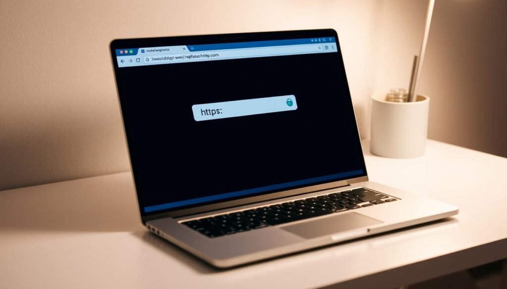 A sleek, modern webpage displayed on a laptop screen, showcasing a secure HTTPS connection. The page's layout features a clean, minimal design with a focus on security indicators like a locked padlock icon and "HTTPS" in the address bar. The laptop rests on a minimalist desk, with a subtle backlighting illuminating the scene and creating a sense of depth. The overall atmosphere is one of professionalism, technological sophistication, and attention to online security. A sleek, modern webpage displayed on a laptop screen, showcasing a secure HTTPS connection. The page's layout features a clean, minimal design with a focus on security indicators like a locked padlock icon and "HTTPS" in the address bar. The laptop rests on a minimalist desk, with a subtle backlighting illuminating the scene and creating a sense of depth. The overall atmosphere is one of professionalism, technological sophistication, and attention to online security.