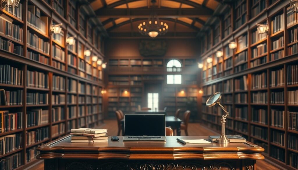 A sprawling library interior, warm and inviting, bathed in soft, diffuse lighting. Rows of towering bookshelves line the walls, their spines casting long shadows. In the foreground, an ornate wooden desk stands as the focal point, a symbol of authority and knowledge. On the desk, a laptop, a stack of books, and a magnifying glass, hinting at the research and analysis required to build topical expertise. The background is hazy, blurred, drawing the eye to the desk and its trappings. The overall mood is one of erudition, concentration, and the pursuit of deeper understanding. A sprawling library interior, warm and inviting, bathed in soft, diffuse lighting. Rows of towering bookshelves line the walls, their spines casting long shadows. In the foreground, an ornate wooden desk stands as the focal point, a symbol of authority and knowledge. On the desk, a laptop, a stack of books, and a magnifying glass, hinting at the research and analysis required to build topical expertise. The background is hazy, blurred, drawing the eye to the desk and its trappings. The overall mood is one of erudition, concentration, and the pursuit of deeper understanding.