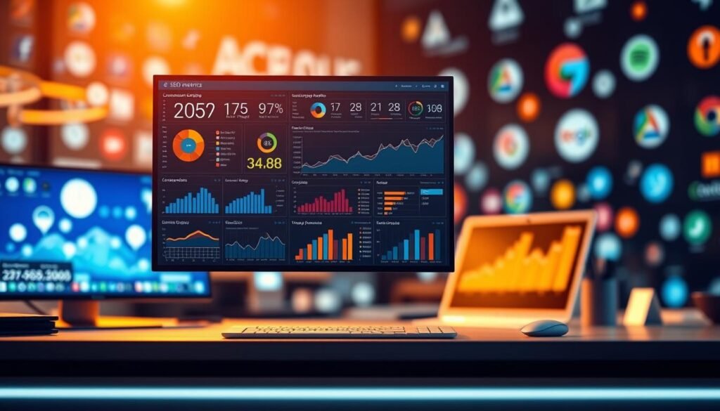 A striking visual representation of SEO metrics beyond mere traffic. In the foreground, a complex data visualization dashboard displays a diverse array of analytics - conversion rates, engagement metrics, keyword performance, and more. The dashboard hovers above a sleek, minimalist workspace, bathed in a warm, focused light. In the background, blurred yet visible, are the familiar elements of a bustling online landscape - social media icons, search engine logos, and digital devices. The composition conveys a sense of depth, highlighting the multi-faceted nature of modern SEO success, transcending the simplicity of traffic numbers alone. The lighting, angles, and overall mood evoke a sense of thoughtful contemplation, inviting the viewer to consider the evolving landscape of SEO metrics. A striking visual representation of SEO metrics beyond mere traffic. In the foreground, a complex data visualization dashboard displays a diverse array of analytics - conversion rates, engagement metrics, keyword performance, and more. The dashboard hovers above a sleek, minimalist workspace, bathed in a warm, focused light. In the background, blurred yet visible, are the familiar elements of a bustling online landscape - social media icons, search engine logos, and digital devices. The composition conveys a sense of depth, highlighting the multi-faceted nature of modern SEO success, transcending the simplicity of traffic numbers alone. The lighting, angles, and overall mood evoke a sense of thoughtful contemplation, inviting the viewer to consider the evolving landscape of SEO metrics.