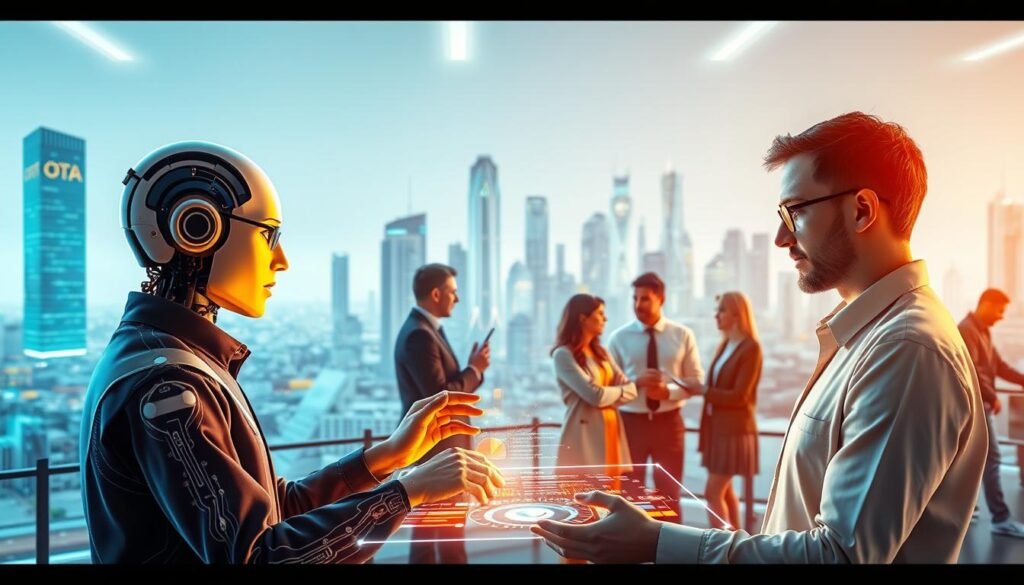 A vibrant digital scene depicting human-AI collaboration. In the foreground, a person and an AI assistant work together on a futuristic holographic interface, their hands and lines of code intertwining in seamless synchronization. The middle ground features a diverse team of professionals - designers, engineers, and analysts - engaged in lively discussions, sharing insights and ideas. In the background, a cityscape of towering skyscrapers and advanced technology hints at the integrated, high-tech world they inhabit. The lighting is clean and bright, conveying a sense of progress, innovation, and boundless potential. The overall mood is one of shared purpose, productive synergy, and the limitless possibilities arising from the powerful union of human ingenuity and artificial intelligence. A vibrant digital scene depicting human-AI collaboration. In the foreground, a person and an AI assistant work together on a futuristic holographic interface, their hands and lines of code intertwining in seamless synchronization. The middle ground features a diverse team of professionals - designers, engineers, and analysts - engaged in lively discussions, sharing insights and ideas. In the background, a cityscape of towering skyscrapers and advanced technology hints at the integrated, high-tech world they inhabit. The lighting is clean and bright, conveying a sense of progress, innovation, and boundless potential. The overall mood is one of shared purpose, productive synergy, and the limitless possibilities arising from the powerful union of human ingenuity and artificial intelligence.