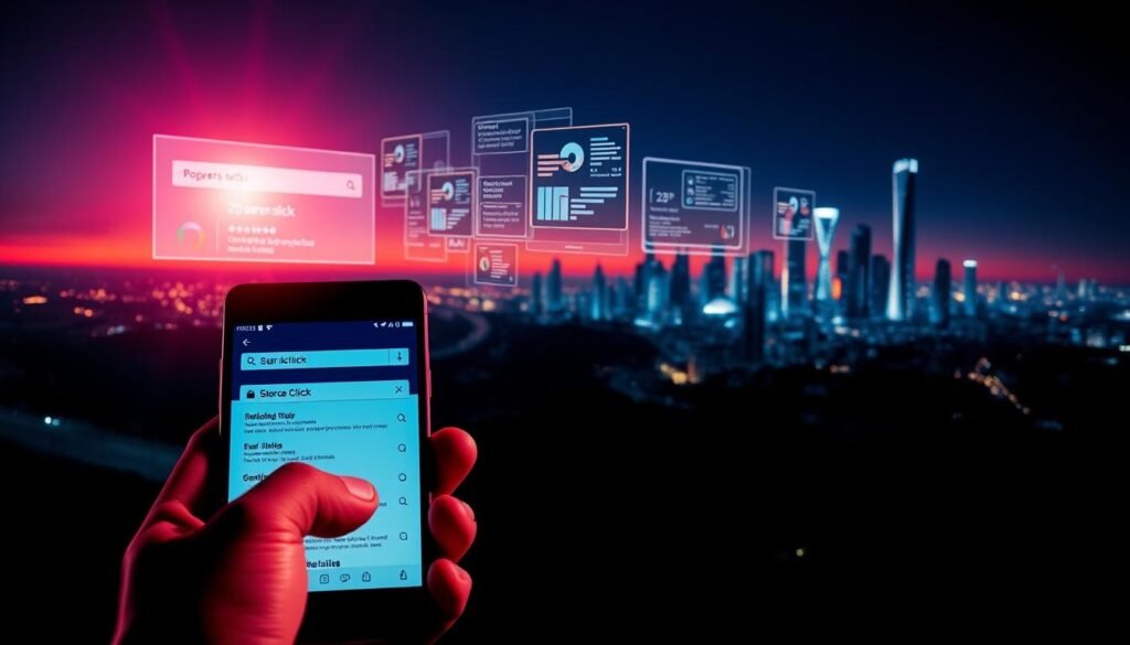 A vibrant, high-contrast scene depicting the power of zero-click searches. In the foreground, a smartphone screen displays search results without any visible links or clickable elements. The user's hand hovers over the screen, emphasizing the seamless, effortless interaction. In the middle ground, a series of holographic information panels float in the air, visualizing the underlying data and insights powering the zero-click experience. In the background, a sleek, futuristic cityscape stretches out, hinting at the broader technological landscape enabling this innovative search paradigm. Dramatic lighting casts long shadows, creating a sense of depth and drama. The overall mood is one of efficiency, progress, and the transformation of how we interact with information. A vibrant, high-contrast scene depicting the power of zero-click searches. In the foreground, a smartphone screen displays search results without any visible links or clickable elements. The user's hand hovers over the screen, emphasizing the seamless, effortless interaction. In the middle ground, a series of holographic information panels float in the air, visualizing the underlying data and insights powering the zero-click experience. In the background, a sleek, futuristic cityscape stretches out, hinting at the broader technological landscape enabling this innovative search paradigm. Dramatic lighting casts long shadows, creating a sense of depth and drama. The overall mood is one of efficiency, progress, and the transformation of how we interact with information.