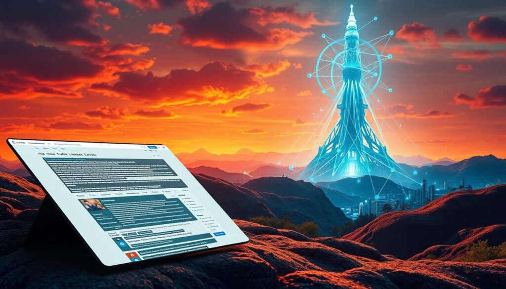 A vibrant, schema-enhanced digital landscape unfolds before us. In the foreground, a sleek, modern web page showcases rich, structured data - metadata, microformats, and linked entities that enhance the user experience and aid AI-driven search. The middle ground features a towering knowledge graph, its interconnected nodes pulsing with insights and associations. In the distance, an advanced natural language processing algorithm analyzes queries, matching user intent with the most relevant, schema-enriched content. The scene is bathed in a warm, authoritative glow, conveying the power of schema to elevate search in the AI-driven future. A vibrant, schema-enhanced digital landscape unfolds before us. In the foreground, a sleek, modern web page showcases rich, structured data - metadata, microformats, and linked entities that enhance the user experience and aid AI-driven search. The middle ground features a towering knowledge graph, its interconnected nodes pulsing with insights and associations. In the distance, an advanced natural language processing algorithm analyzes queries, matching user intent with the most relevant, schema-enriched content. The scene is bathed in a warm, authoritative glow, conveying the power of schema to elevate search in the AI-driven future.