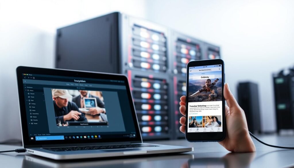 A vibrant, well-lit studio setting showcasing various image optimization techniques. In the foreground, a laptop displays an image compression interface, with sliders and compression options. In the middle ground, a mobile device displays a webpage with an optimized, high-quality image. In the background, a server rack symbolizes the importance of efficient file hosting and CDN utilization. Soft, directional lighting illuminates the scene, emphasizing the technical nature of the subject matter. The overall mood is one of professionalism and expertise, reflecting the importance of image optimization for modern digital content. A vibrant, well-lit studio setting showcasing various image optimization techniques. In the foreground, a laptop displays an image compression interface, with sliders and compression options. In the middle ground, a mobile device displays a webpage with an optimized, high-quality image. In the background, a server rack symbolizes the importance of efficient file hosting and CDN utilization. Soft, directional lighting illuminates the scene, emphasizing the technical nature of the subject matter. The overall mood is one of professionalism and expertise, reflecting the importance of image optimization for modern digital content.