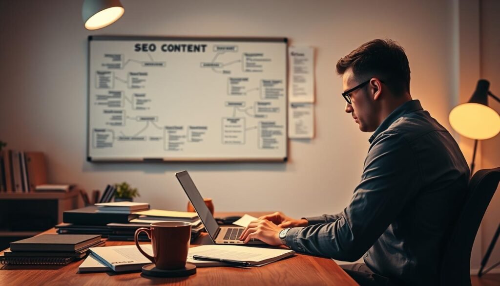 A well-lit studio with a professional content creator sitting at a desk, focused intently on a laptop screen. The desktop is cluttered with notebooks, research materials, and a strategically placed coffee mug. Warm lighting bathes the scene, casting a cozy, productive atmosphere. In the background, a wall-mounted whiteboard displays mind maps, keyword clusters, and content outlines - a visual representation of the content creation process for SEO. The angle is slightly elevated, conveying a sense of authority and expertise. The overall mood is one of concentration, creativity, and a deep understanding of the craft of SEO-driven content generation. A well-lit studio with a professional content creator sitting at a desk, focused intently on a laptop screen. The desktop is cluttered with notebooks, research materials, and a strategically placed coffee mug. Warm lighting bathes the scene, casting a cozy, productive atmosphere. In the background, a wall-mounted whiteboard displays mind maps, keyword clusters, and content outlines - a visual representation of the content creation process for SEO. The angle is slightly elevated, conveying a sense of authority and expertise. The overall mood is one of concentration, creativity, and a deep understanding of the craft of SEO-driven content generation.
