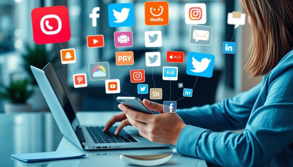 Create an image of a business professional managing multiple social media platforms. Create an image of a business professional managing multiple social media platforms.