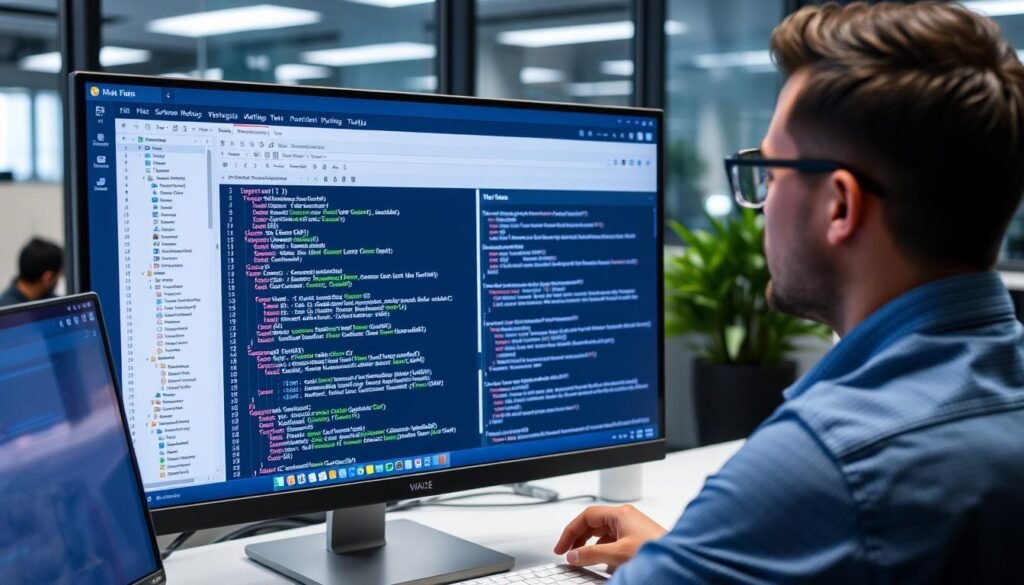 Generate an image of a person analyzing schema markup test results on a computer screen Generate an image of a person analyzing schema markup test results on a computer screen
