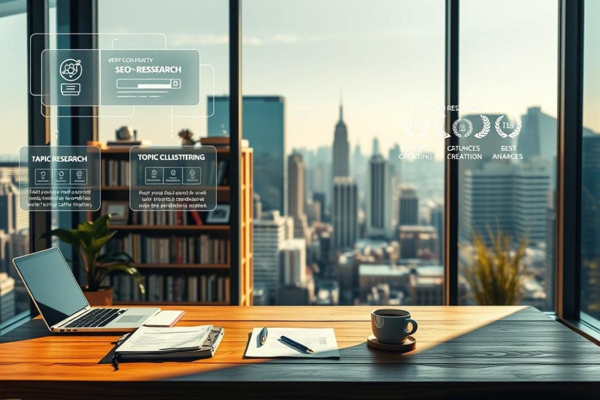 A serene office space with a large window overlooking a bustling city skyline. In the foreground, a wooden desk with a laptop, notes, and a cup of coffee. Floating above the desk, ethereal wireframe visualizations depict the interconnected components of an SEO content strategy - keyword research, topic clustering, content creation, and performance analysis. The middle ground features shelves lined with marketing books and awards, hinting at the expertise and authority within. The background is bathed in warm, natural lighting, creating a sense of focus and productivity. The overall mood is one of strategic contemplation, with the city's energy pulsing in the distance.