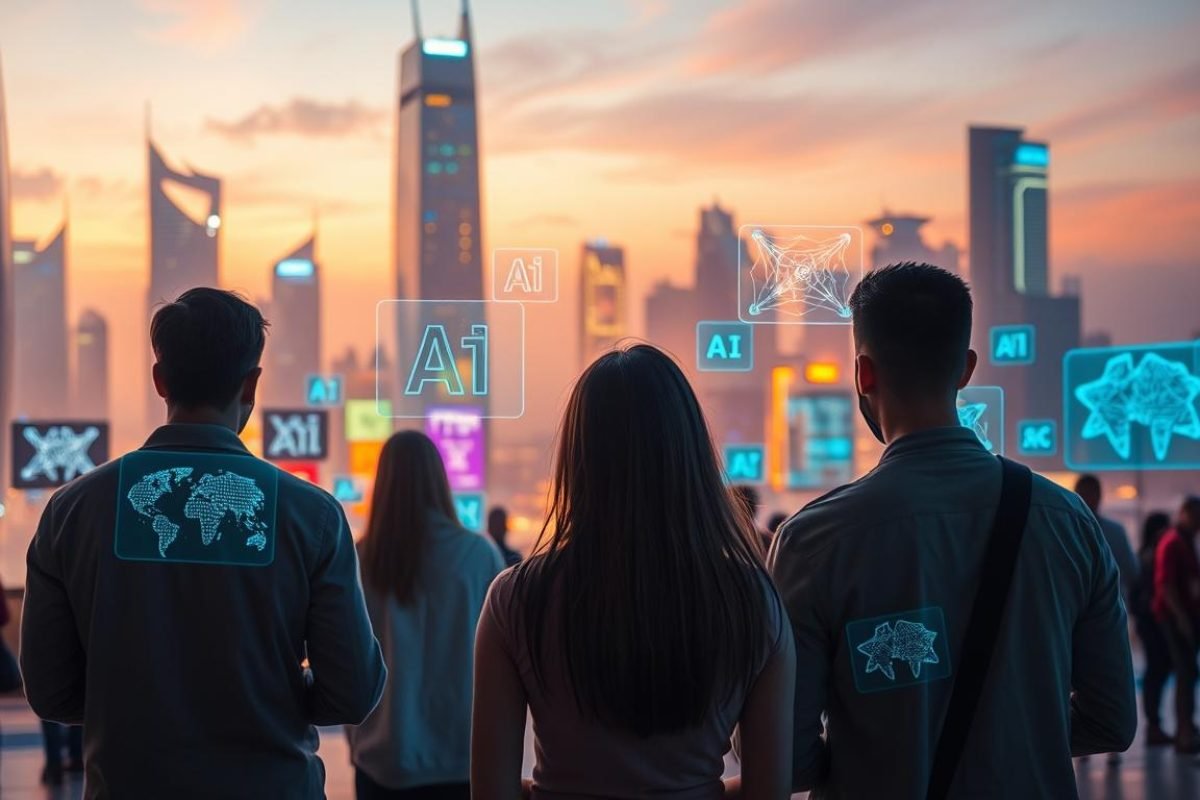 A vibrant, futuristic cityscape fills the frame, with sleek skyscrapers and holograms casting a neon glow. In the foreground, a group of people stand, their faces illuminated by the flickering screens of their advanced devices. The devices display a variety of AI-generated answers, each one a unique and intricate design, resembling abstract art or data visualizations. The answers appear to be floating, as if projected into the air, creating a sense of technological wonder. The scene is bathed in a warm, ambient light, conveying a sense of innovation and progress. The overall atmosphere is one of a cutting-edge, digital world, where AI-powered solutions are seamlessly integrated into everyday life.